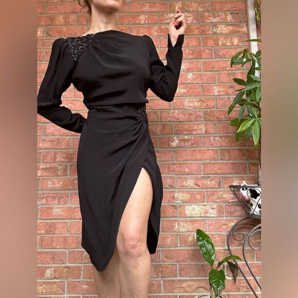Vintage Dresses & Skirts - VTG 80s 90s Black Cocktail Dress Beaded Draped Harry Acton For After Five Sz 6